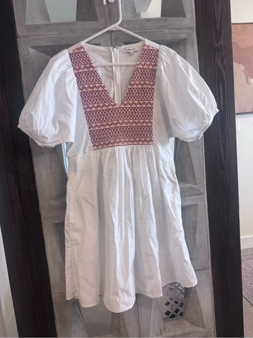 Madewell White Dress with Red Embroidered V-Neck Panel
